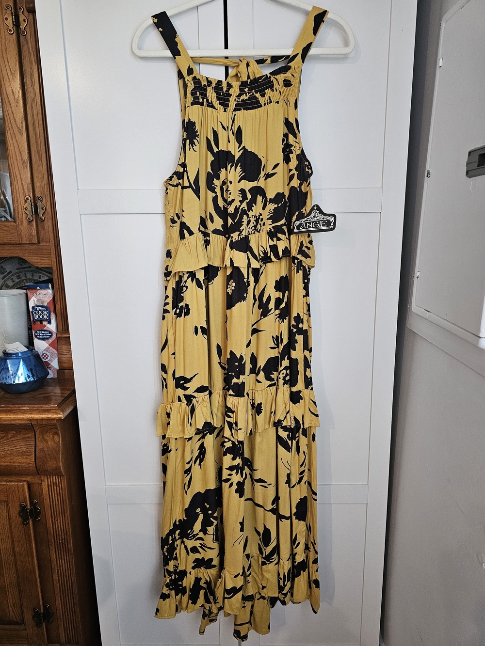 Angie Boho Vintage Aesthetic Tiered Golden Yellow Floral Maxi Dress Size L